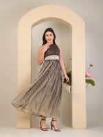 Load image into Gallery viewer, Bronze Metallic Pleated One-Shoulder Gown by REBEL ā Dress, styling view