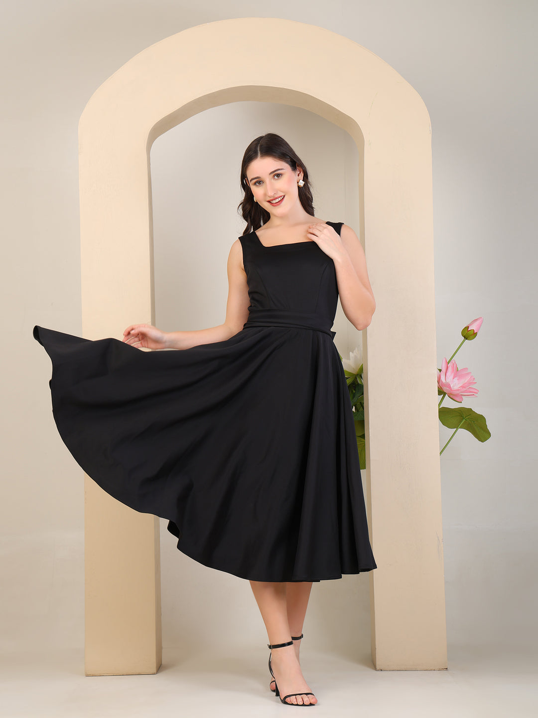 Black Square Neck Fit & Flare Midi Dress by REBEL — Dress, side view