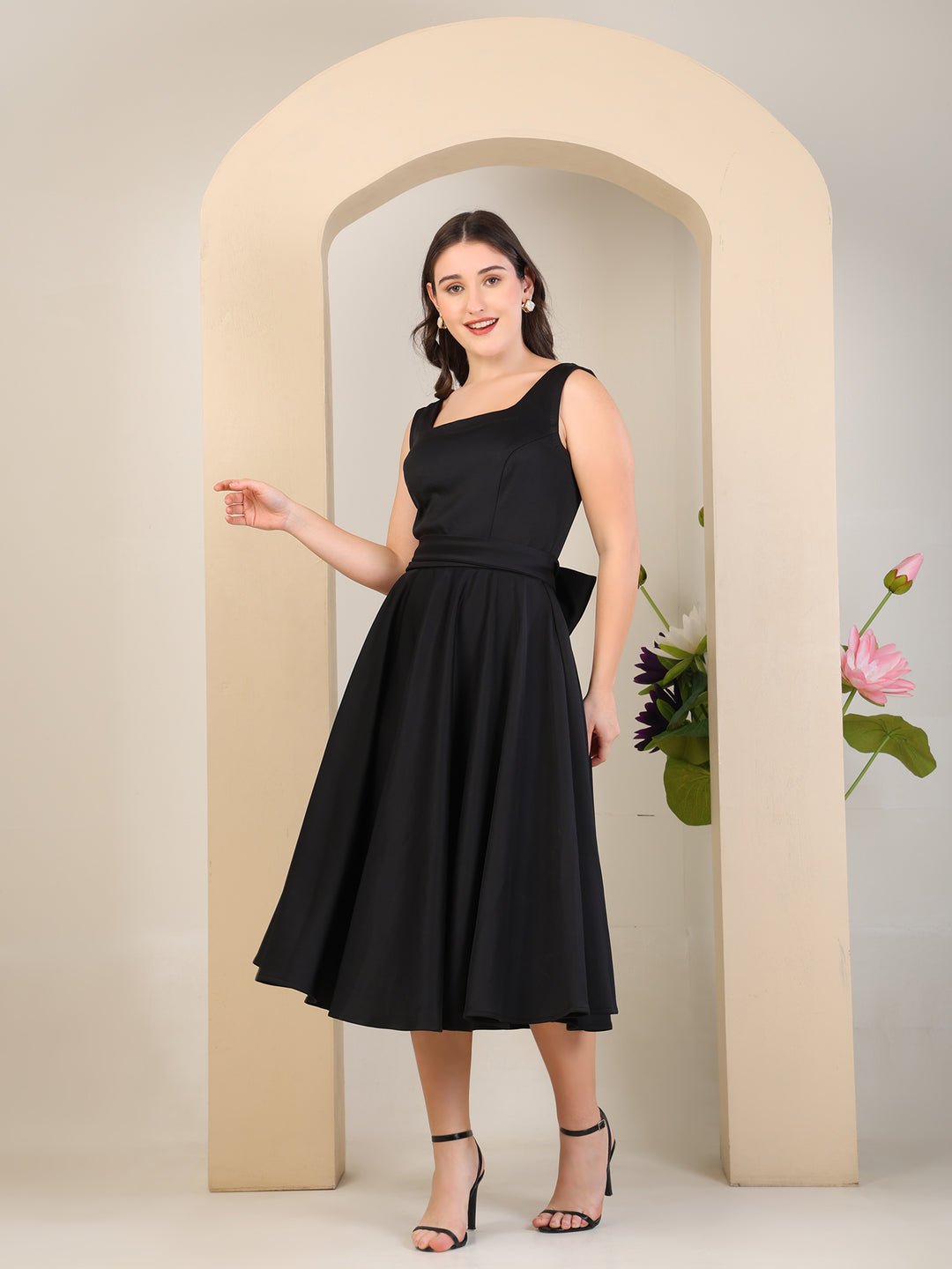 Black Square Neck Fit & Flare Midi Dress by REBEL — Dress, back view
