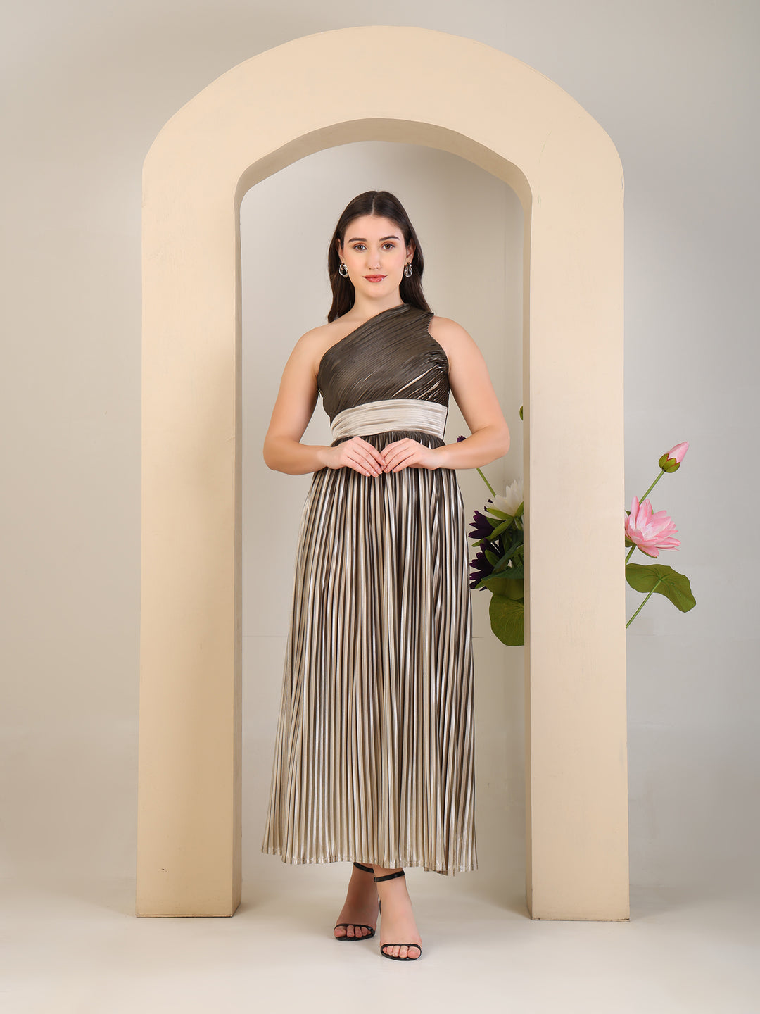 Bronze Metallic Pleated One-Shoulder Gown by REBEL — Dress, front view