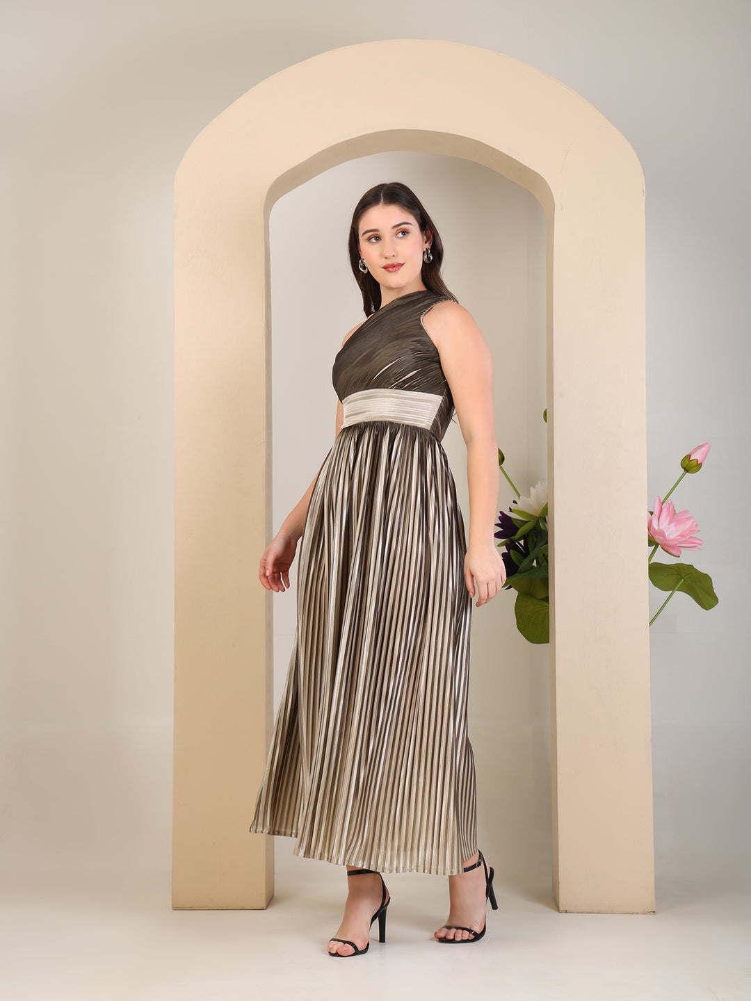 Bronze Metallic Pleated One-Shoulder Gown by REBEL — Dress, side view