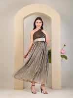 Load image into Gallery viewer, Bronze Metallic Pleated One-Shoulder Gown by REBEL — Dress, back view
