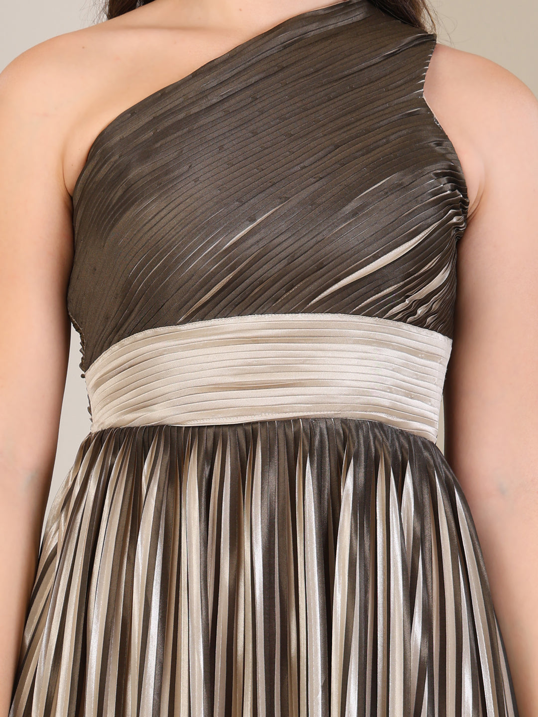 Bronze Metallic Pleated One-Shoulder Gown by REBEL — Dress, detail view