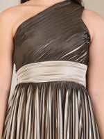 Load image into Gallery viewer, Bronze Metallic Pleated One-Shoulder Gown by REBEL — Dress, detail view
