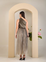 Load image into Gallery viewer, Bronze Metallic Pleated One-Shoulder Gown by REBEL — Dress, full-length view
