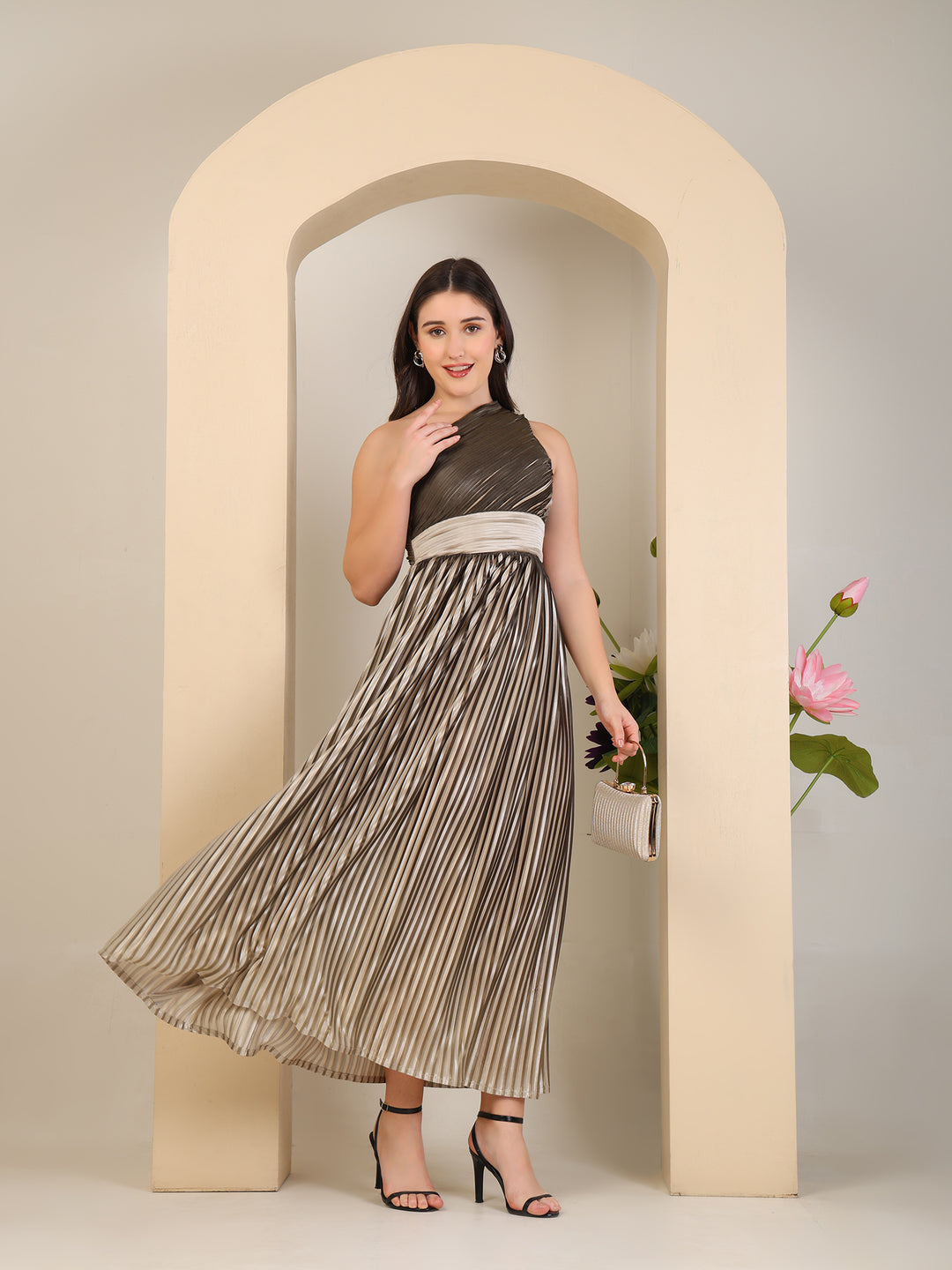 Bronze Metallic Pleated One-Shoulder Gown by REBEL — Dress, styling view