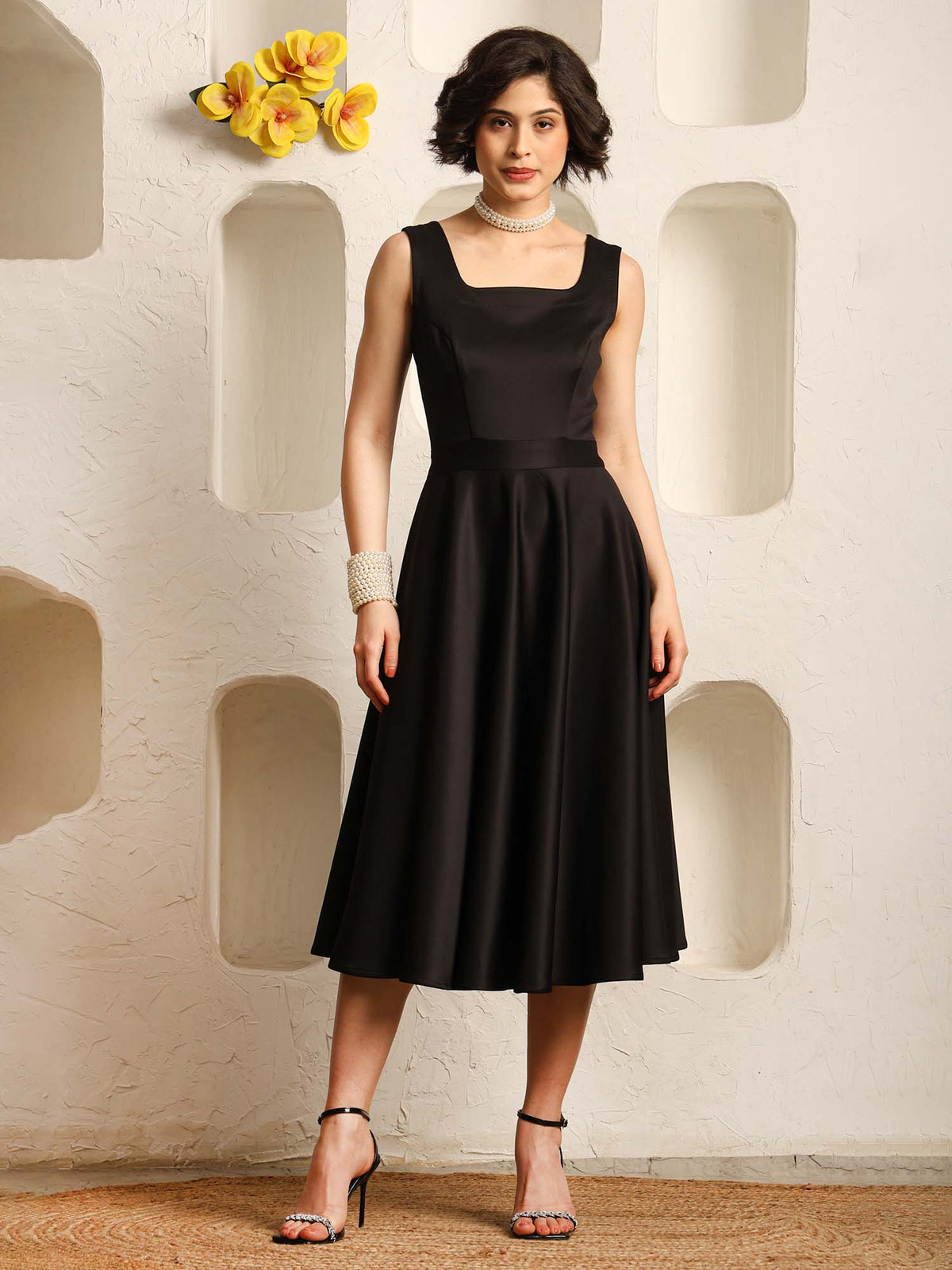 A line midi dress – square neck sleeveless fit & flare cocktail dress