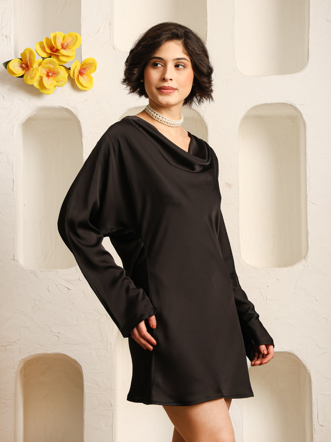 Cowl Neck Satin-Finish Party Mini Dress