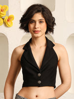 Load image into Gallery viewer, Black Halter Neck Crop Vest with Notched Lapel Collar
