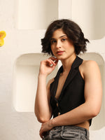 Load image into Gallery viewer, Black Halter Neck Crop Vest with Notched Lapel Collar
