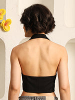 Load image into Gallery viewer, Black Halter Neck Crop Vest with Notched Lapel Collar
