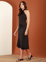 Load image into Gallery viewer, Black Satin Cross-Halter Midi Dress by REBEL — Dress, side view
