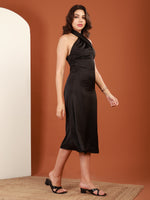 Load image into Gallery viewer, Black Satin Cross-Halter Midi Dress by REBEL — Dress, back view
