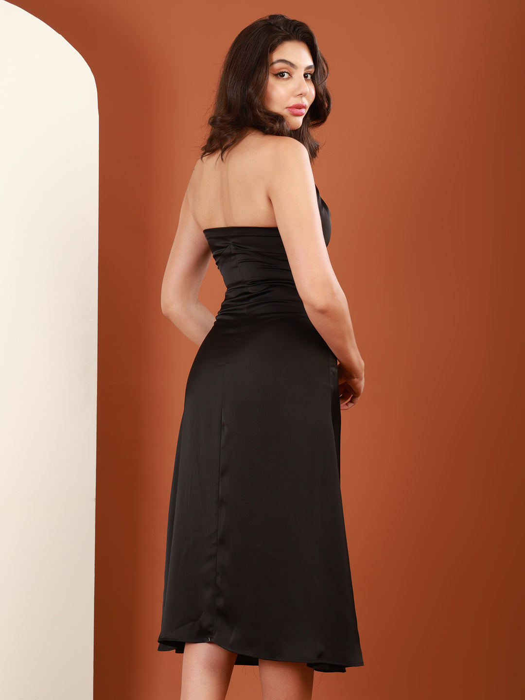 Black Satin Cross-Halter Midi Dress by REBEL — Dress, styling view