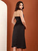 Load image into Gallery viewer, Black Satin Cross-Halter Midi Dress by REBEL — Dress, styling view
