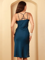Load image into Gallery viewer, Teal Satin Cowl Neck Slip Midi Dress by REBEL — Dress, full-length view
