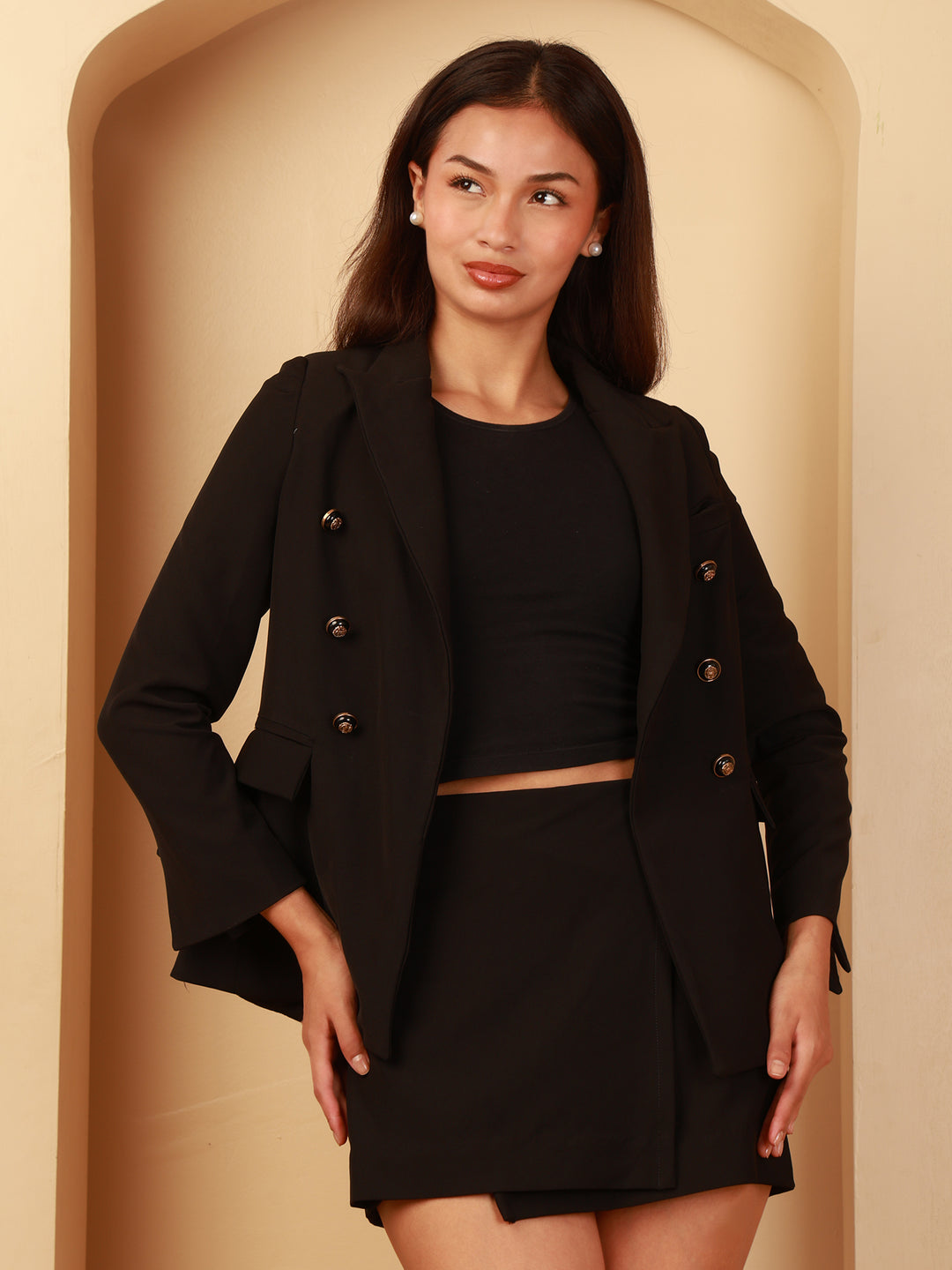 Black Double-Breasted Blazer 3-Piece Co-Ord Set by REBEL — Co-ord Set, full-length view
