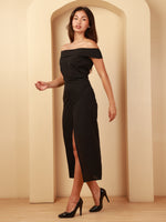 Load image into Gallery viewer, Black Off-Shoulder Thigh-Slit Midi Dress by REBEL — Dress, back view
