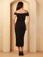Load image into Gallery viewer, Black Off-Shoulder Thigh-Slit Midi Dress by REBEL — Dress, detail view
