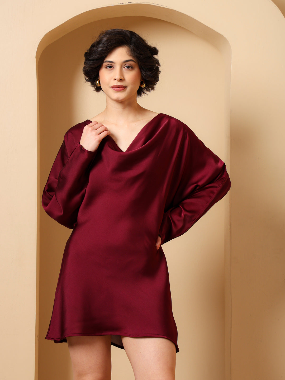 Cowl Neck Satin-Finish Party Mini Dress