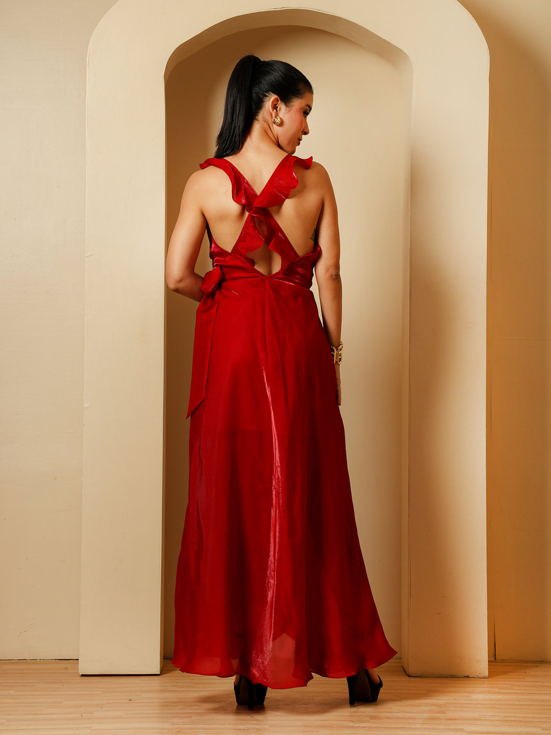 Red Satin High-Low Wrap Flare Dress with Frill Details