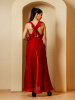 Load image into Gallery viewer, Red Satin High-Low Wrap Flare Dress with Frill Details
