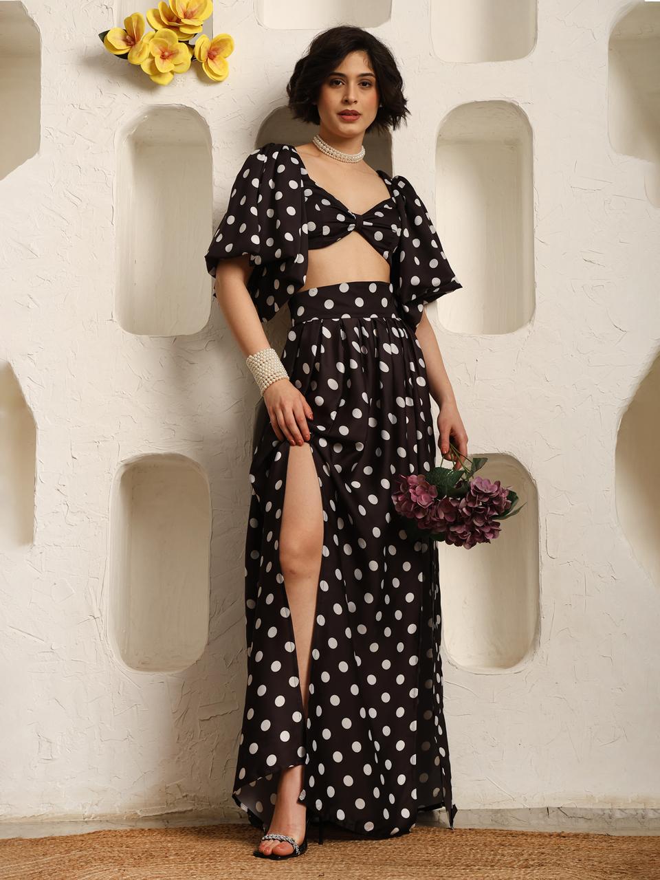 Polka dot co ord set – crop top & high waisted thigh slit long skirt