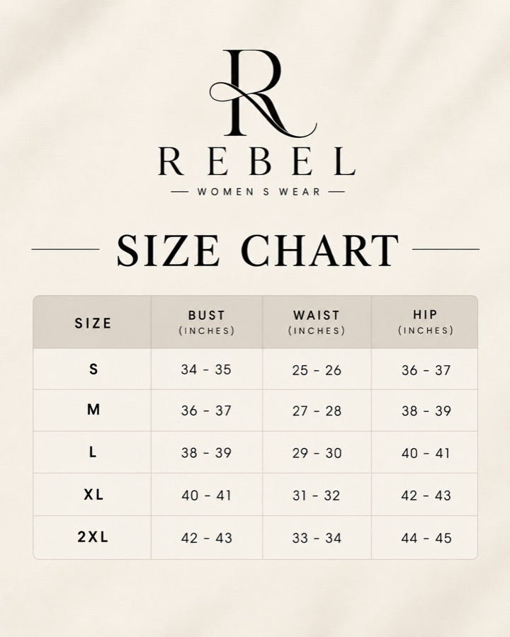 REBEL size chart: bust, waist and hip measurements in inches for sizes S to 2XL